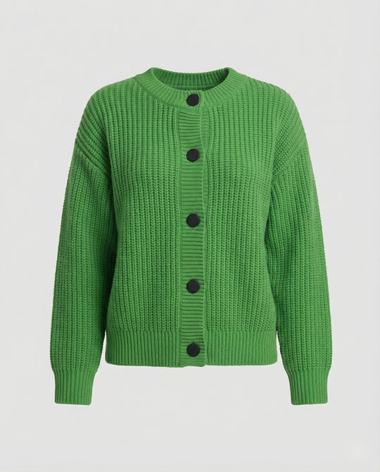 Damen hüftlanger Grobstrick-Cardigan mit markanten runden Zierknöpfen Oversize-Passform Ballonärmeln und geripptem Saum EB