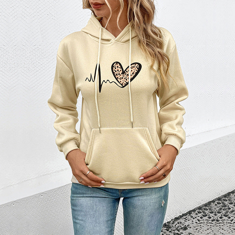 Damen Kapuzenpullover mit Herz- und EKG-Motiv EB