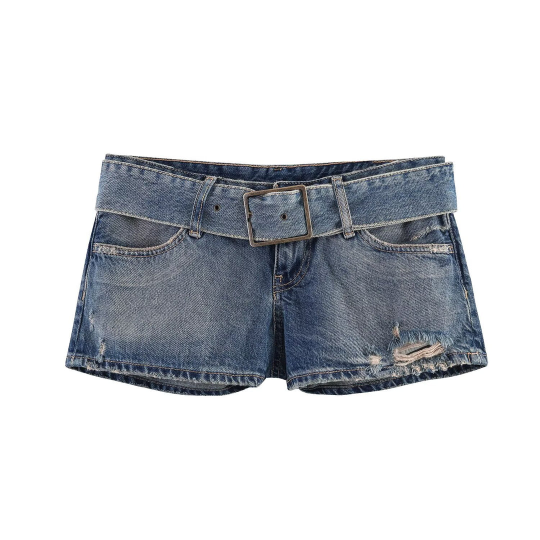 Damen modische Destroyed Denim-Shorts mit verstellbarem Gürtel EB