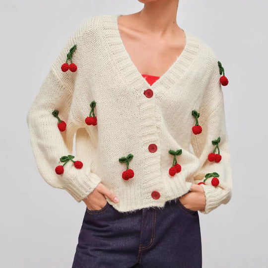 Damen verspielter Strickcardigan mit Kirschapplikationen EB