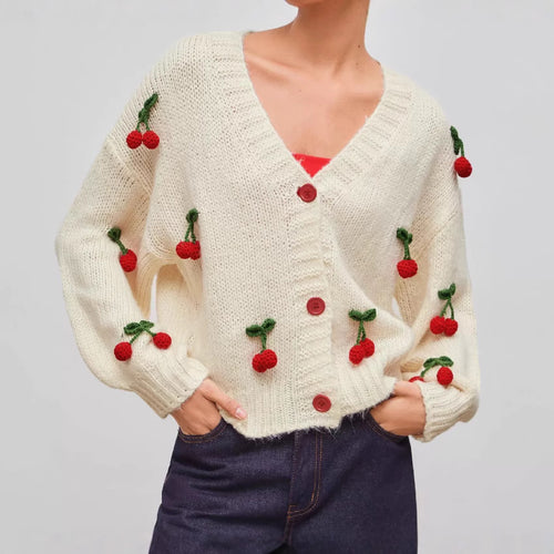 Damen verspielter Strickcardigan mit Kirschapplikationen EB