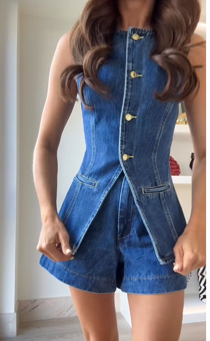 Damen Denim Overall mit schickem Schnitt und Knopfdetails EB