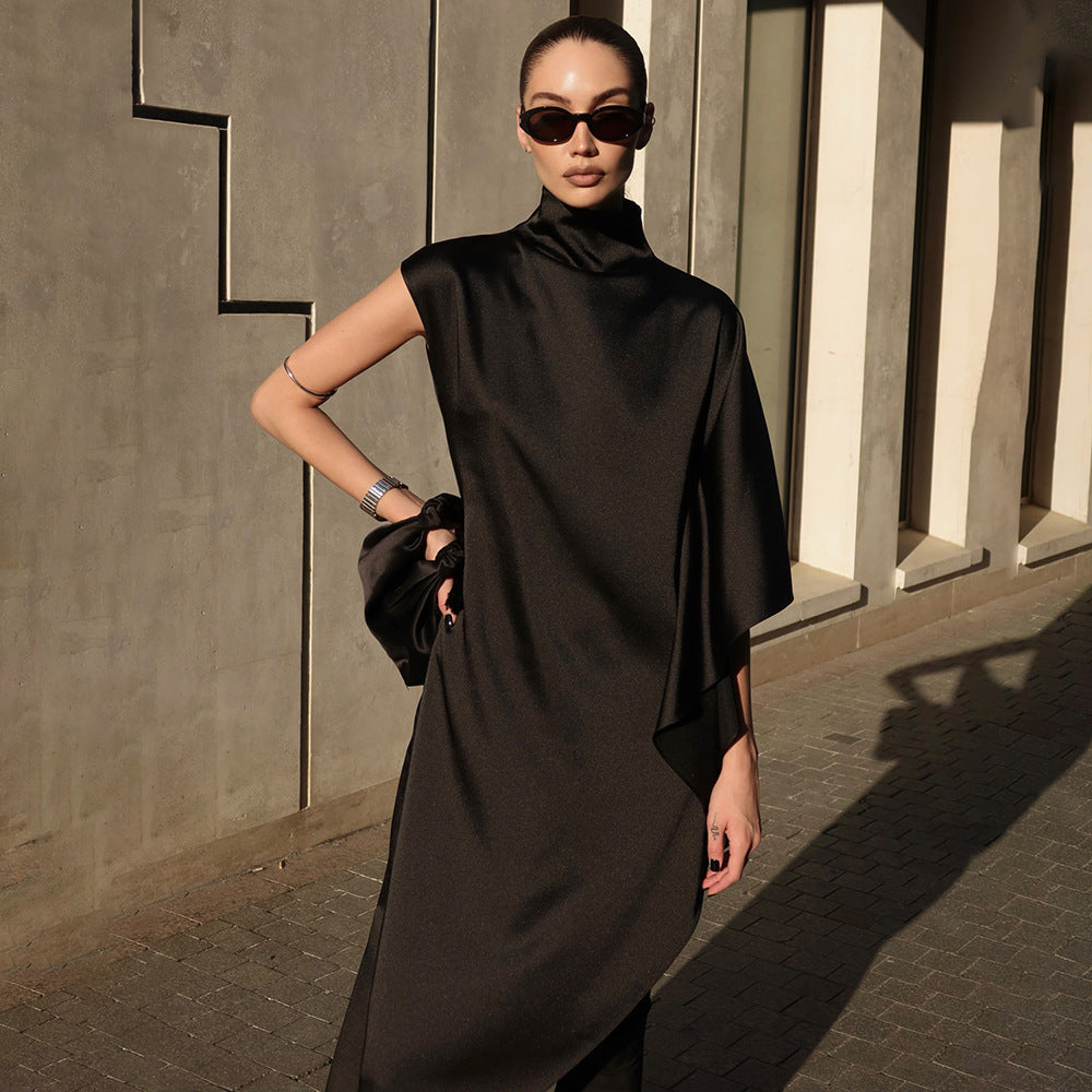 Damen Elegantes asymmetrisches Kleid mit hohem Kragen und seitlichem Schwung EB