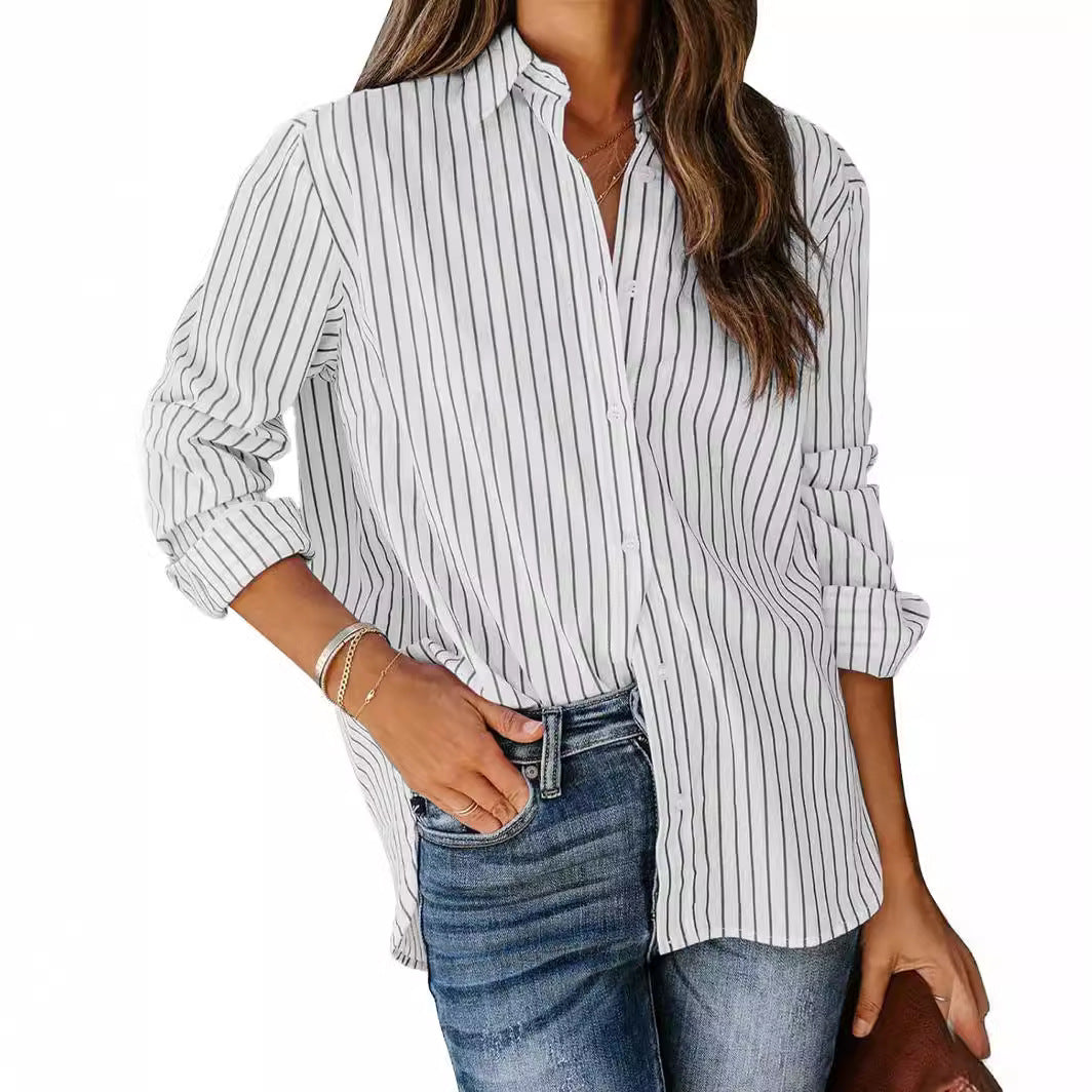 Damen gestreifte Bluse mit klassischem Kragen und lässigem Schnitt EB