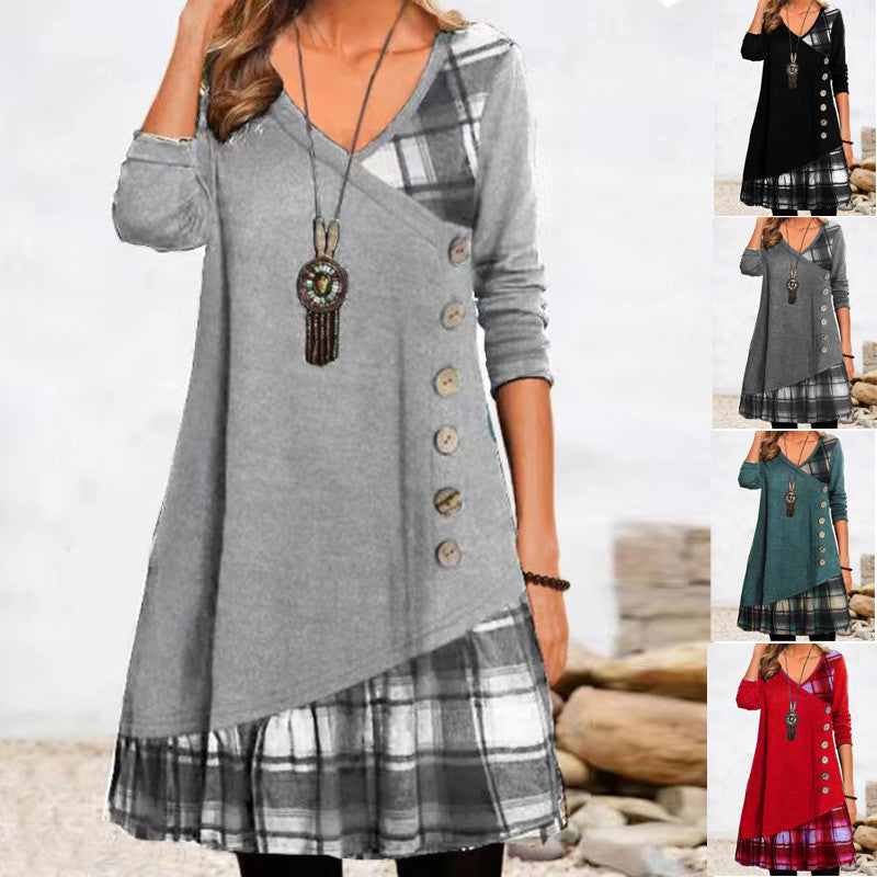 Damen asymmetrisches Freizeitkleid mit kariertem Saum und Knopfdetail EB