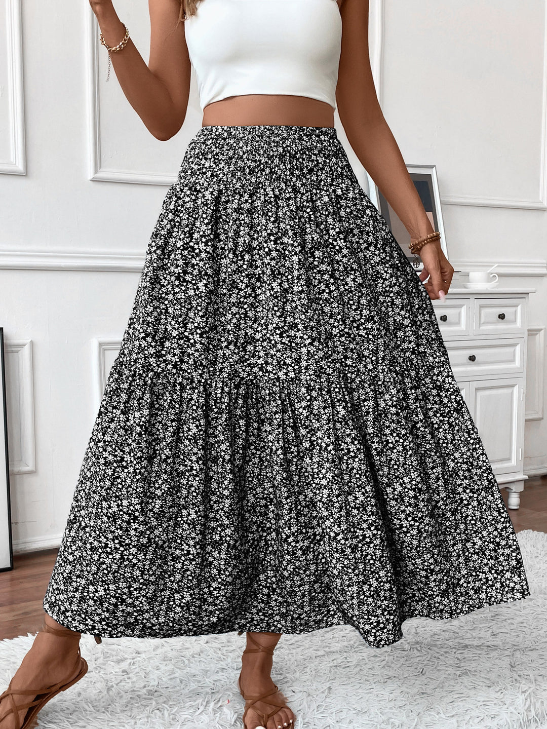 Damen Langer Rock mit floralem Print und elastischem Bund Heidi Mode