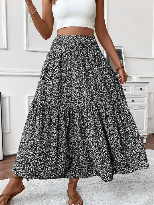 Damen Langer Rock mit floralem Print und elastischem Bund Heidi Mode