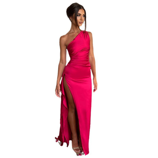 Damen elegantes asymmetrisches Maxikleid mit hochgeschlitztem Saum und fließendem Material EB