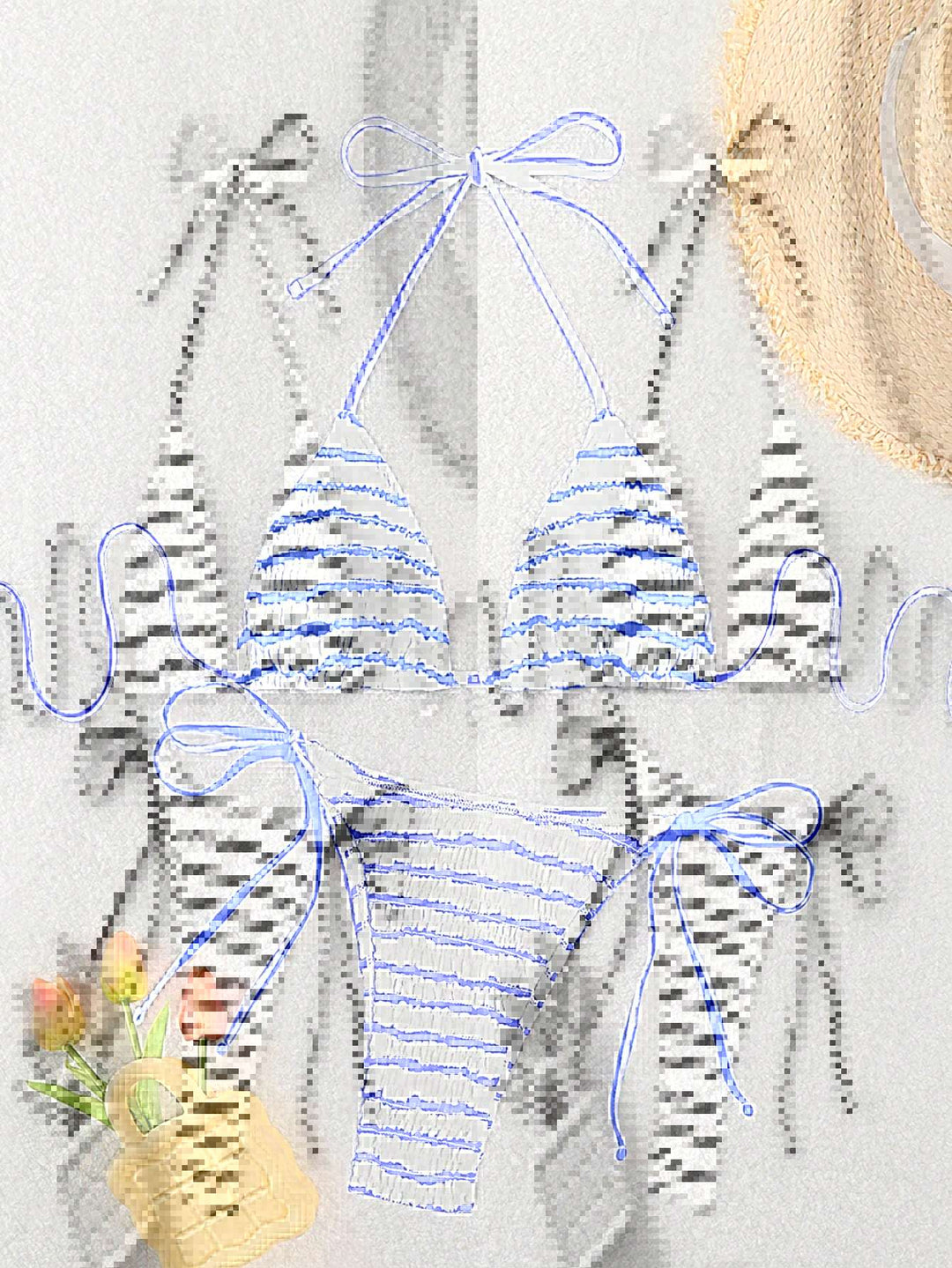 Damen Triangel-Bikini mit feinem Streifenmuster und raffinierten Bindebändern EB