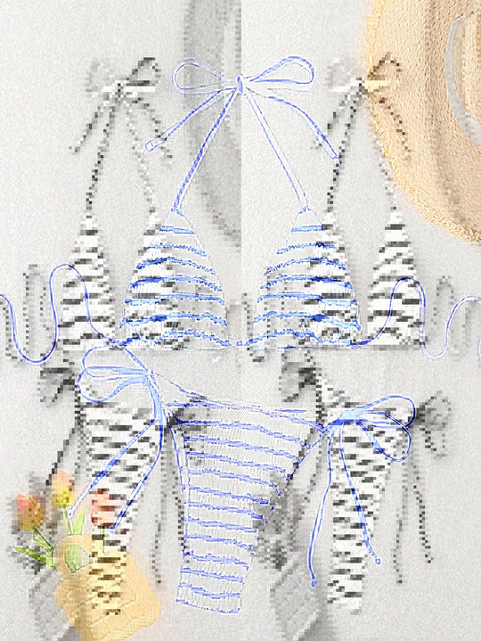 Damen Triangel-Bikini mit feinem Streifenmuster und raffinierten Bindebändern EB