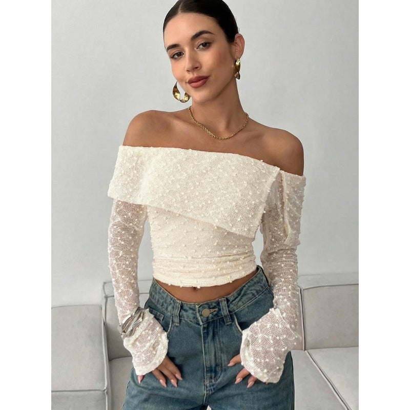 Damen Off-Shoulder Oberteil mit eleganten Rüschendetails und langen Ärmeln EB