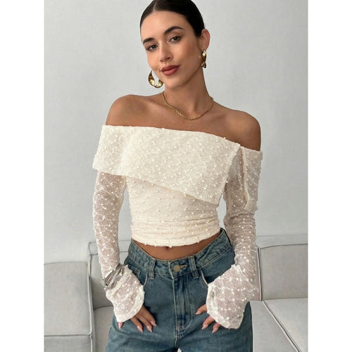 Damen Off-Shoulder Oberteil mit eleganten Rüschendetails und langen Ärmeln EB