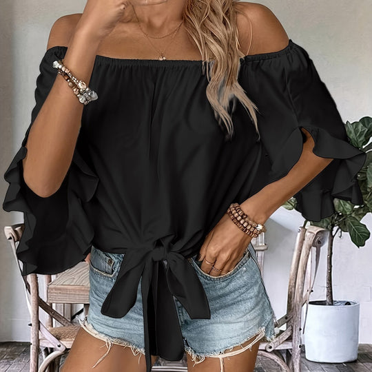 Damen Off-Shoulder-Bluse mit Rüschendetails und Taillenbindung EB