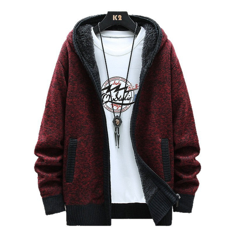 Herren Moderne Strickjacke mit Kapuze und schwarz-weißen Akzenten EB