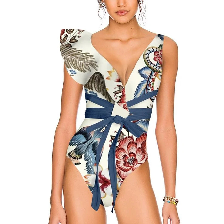 Damen Badeanzug-Set mit floralen Rüschen und taillierter Shorts EB