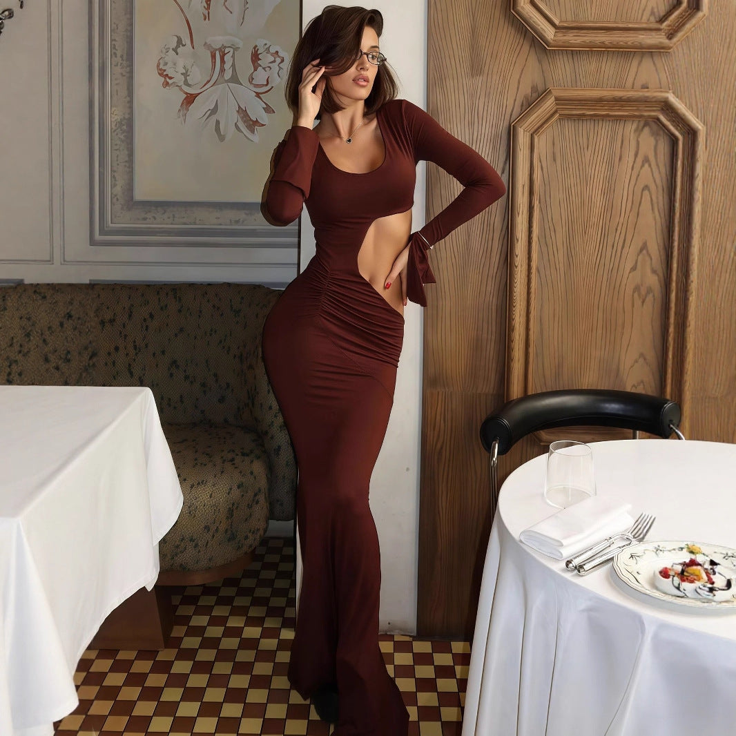 Damen elegantes Maxi-Kleid mit asymmetrischem Cut-Out und Raffungen EB