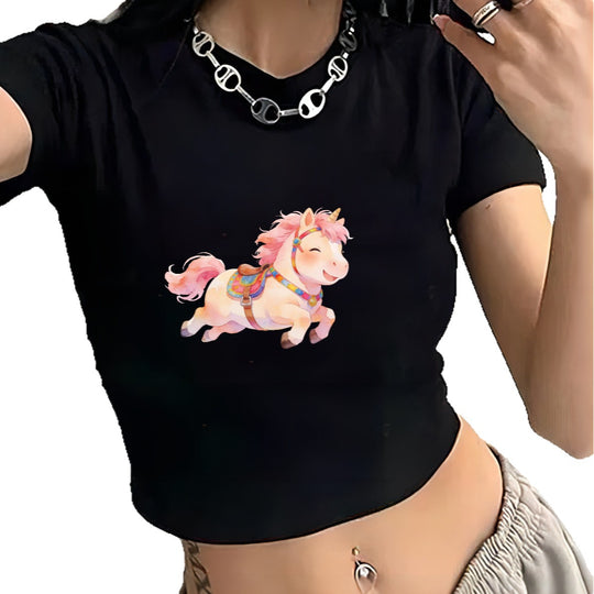 Damen Crop-T-Shirt mit verspielt illustriertem Einhornmotiv EB