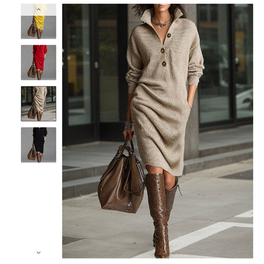 Damen nan gestricktes Pulloverkleid mit Polokragen, Eingrifftaschen und lässiger Passform EB
