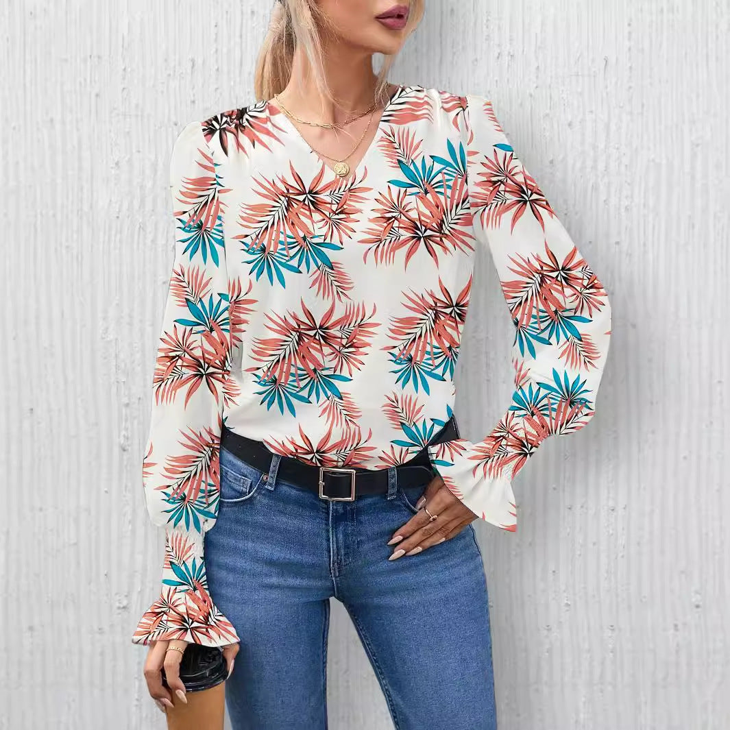 Damen Elegante Bluse mit floralem Design und weiten Ärmeln EB