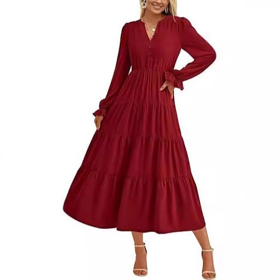 Damen Maxikleid mit knopfverzierter Front und voluminösen Ärmeln EB