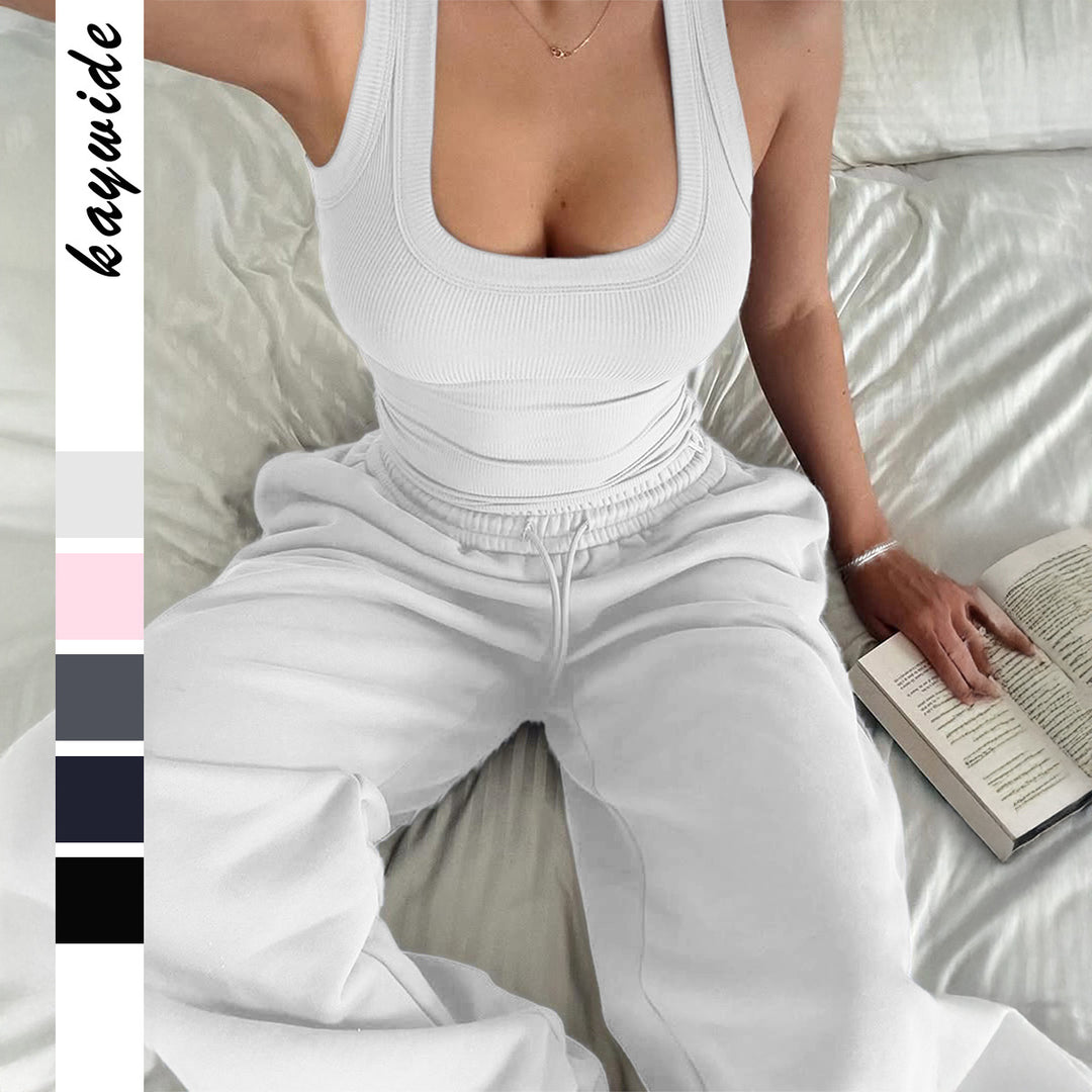 Damen nan weite High‑Waist Loungehose mit Kordelzug elastischem Komfortbund und Eingrifftaschen EB