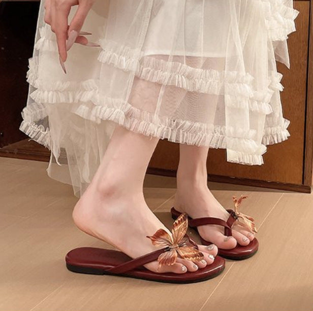 Damen elegante Zehentrenner mit aufwändiger Schmetterlingsapplikation EB