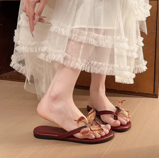 Damen elegante Zehentrenner mit aufwändiger Schmetterlingsapplikation EB