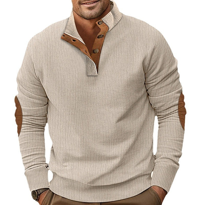 Herren nan strukturiertes Rugby-Pullover mit Stehkragen, Knopfleiste und Leder-Ellenbogenpatches EB