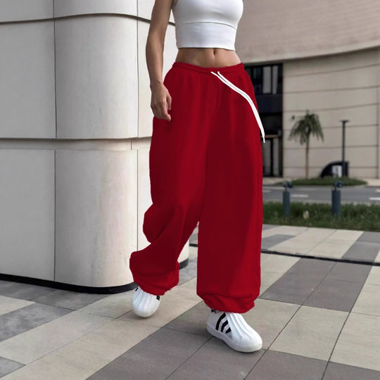 Damen nan weite Baggy-Jogginghose mit hohem Komfortbund, Kordelzug und elastischen Knöchelbündchen EB