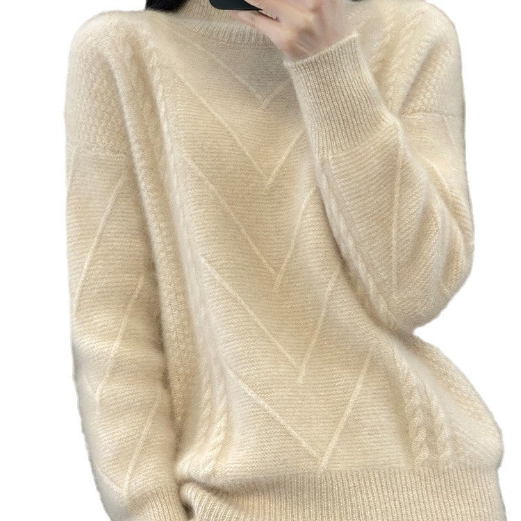 Damen Grobstrickpullover mit innovativem Zopfmuster und hohem Stehkragen EB