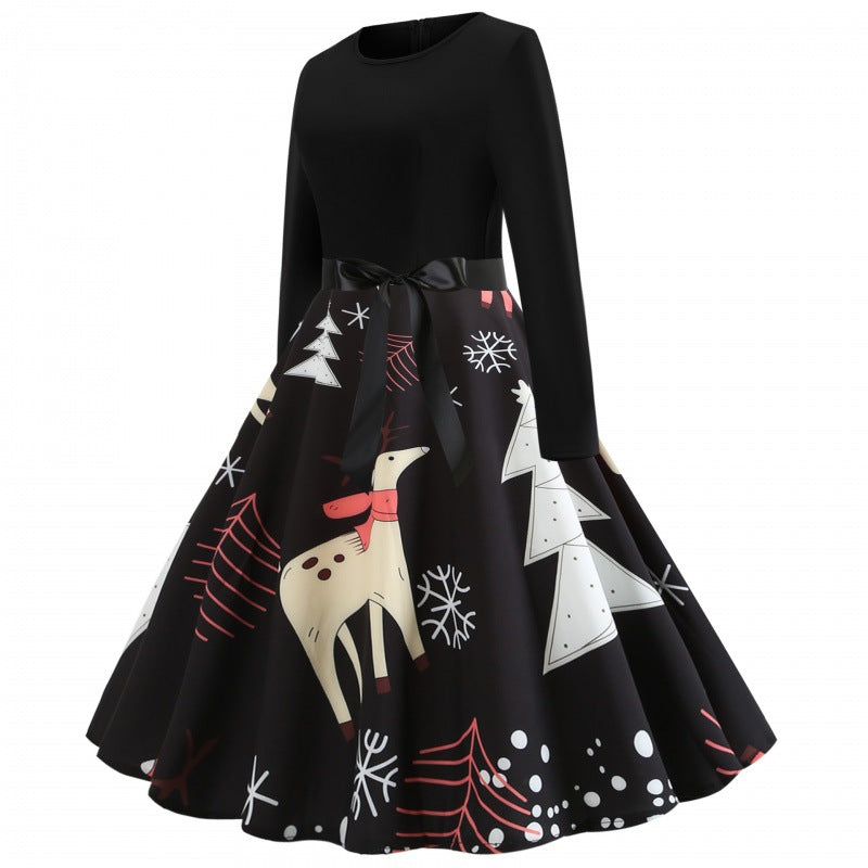 Damen festliches A-Linien Kleid mit weihnachtlichem Rentier-Print und Satin-Taillenband EB