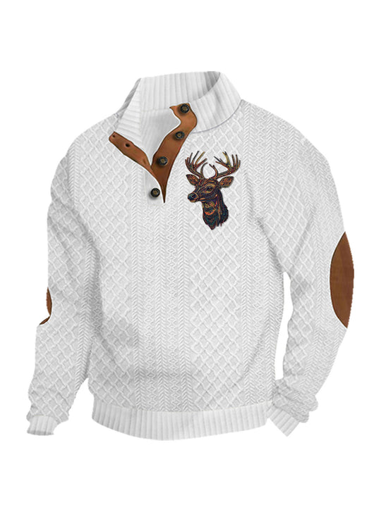 Herren nan Heritage-Strukturpullover mit Stehkragen Lederimitat-Besatz Ellenbogen-Patches und Halbknopfleiste EB