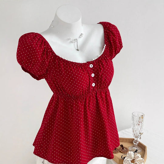 Damen Sommerkleid mit Puffärmeln und süßem Punkten EB