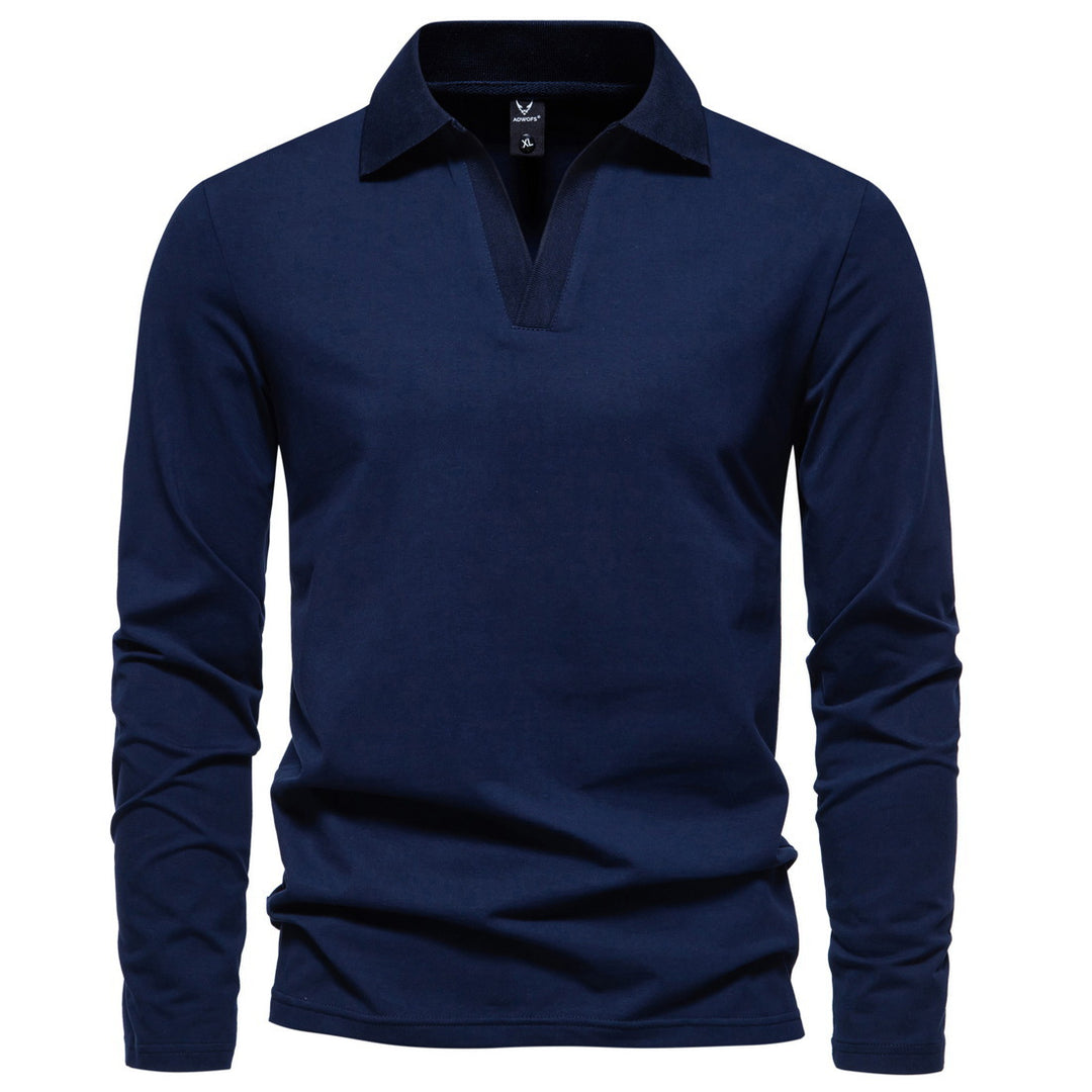 Herren nan Langarm-Polo mit offenem V-Ausschnitt, feinem Rippenkragen und schmaler Silhouette EB
