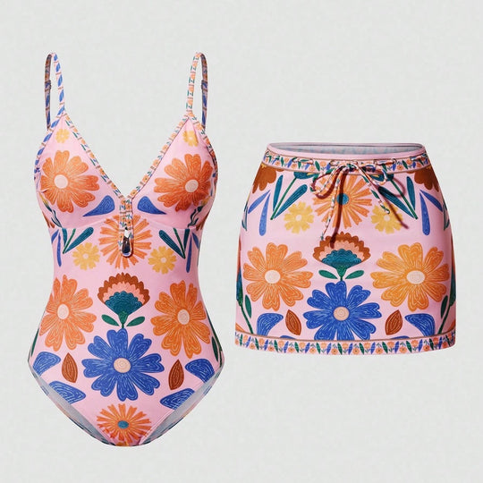 Damen Badeanzug mit floralem Design und abnehmbarem Rock EB