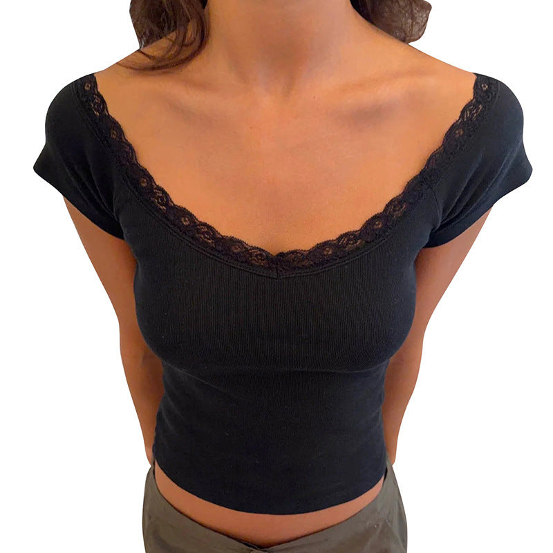 Damen Crop-Top mit Spitzenrand und Schulterfreiem Design EB