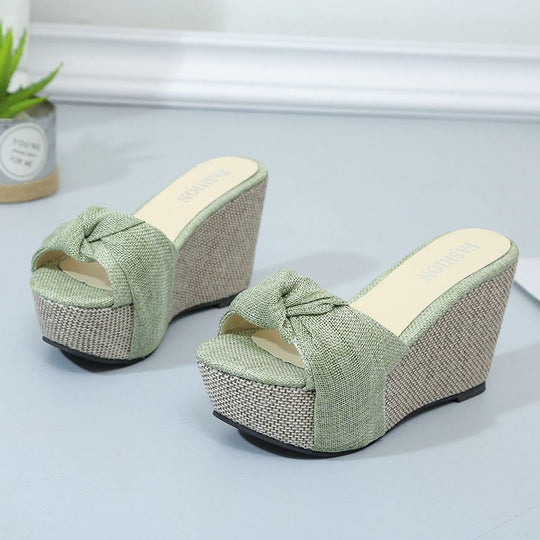 Damen nan Keil-Pantolette mit hohem Bast-Plateau und gedrehtem Textilriemen EB