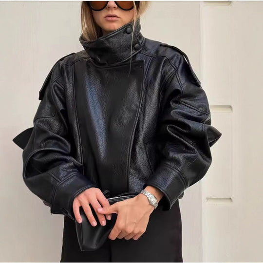 Unisex nan weite Bikerstil Kunstlederjacke mit Stehkragen und elastischem Saum EB