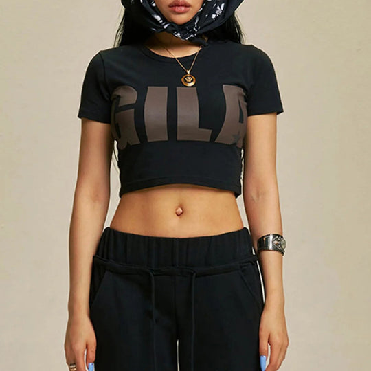 Damen Cropped T-Shirt mit auffälligem Grafikdruck EB