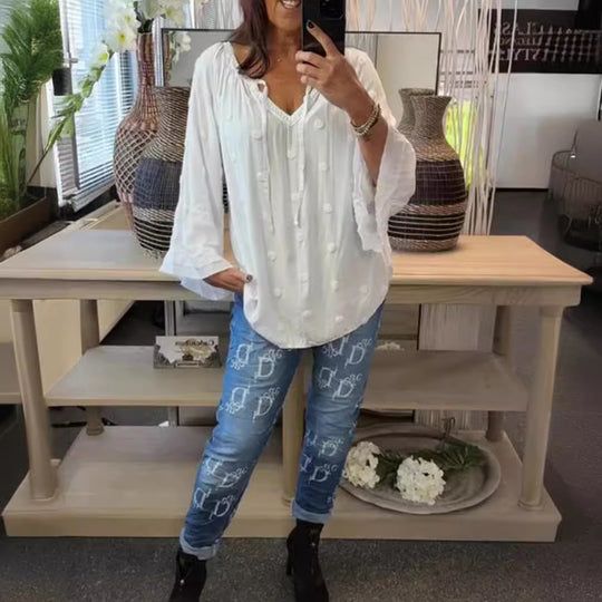 Damen Bluse mit voluminösen Ärmeln und dekorativen Knopfdetails Heidi-Mode