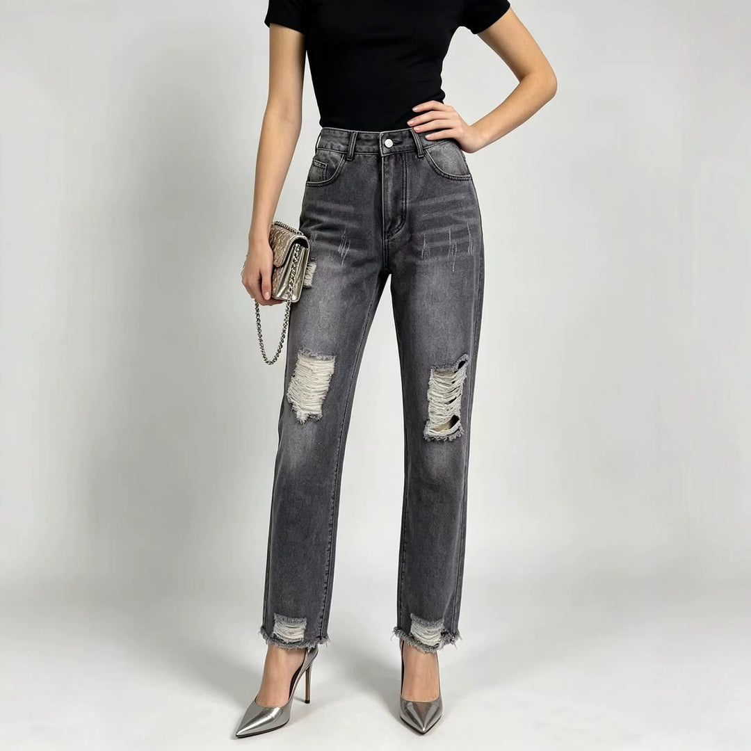 Damen nan hochgeschnittene Straight Leg Jeans mit gezielten Rissdetails und rohem Knöchelabschluss EB