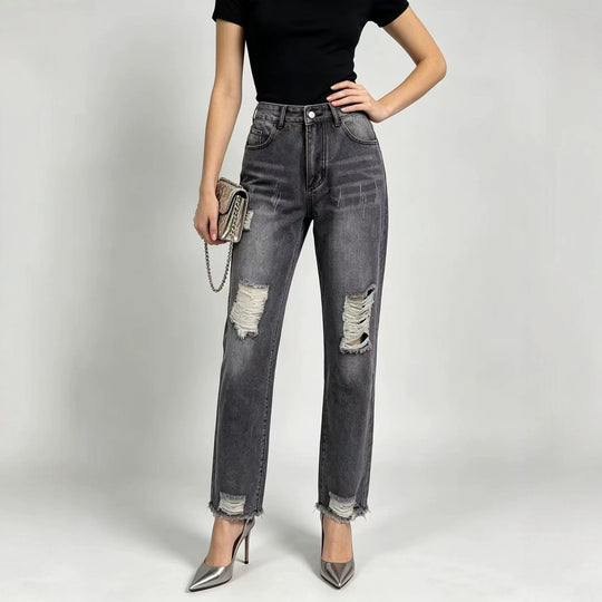 Damen nan hochgeschnittene Straight Leg Jeans mit gezielten Rissdetails und rohem Knöchelabschluss EB