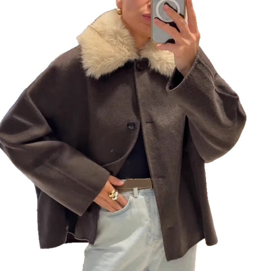 Damen elegante Oversized-Jacke mit Sherpa-Kragen EB