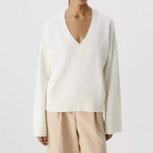Damen Strickpullover mit tiefem V-Ausschnitt und lässigem Schnitt EB