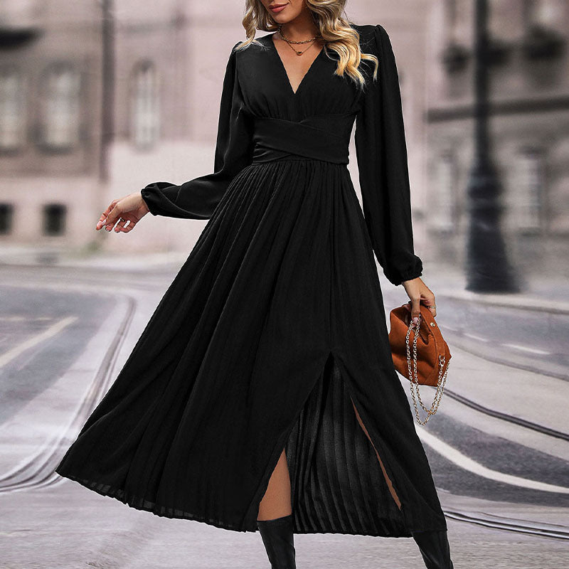 Damen Maxikleid mit V-Ausschnitt und langen Ärmeln EB