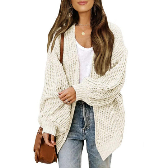 Damen lockerer Strickcardigan mit voluminösen Ärmeln und strukturiertem Design EB