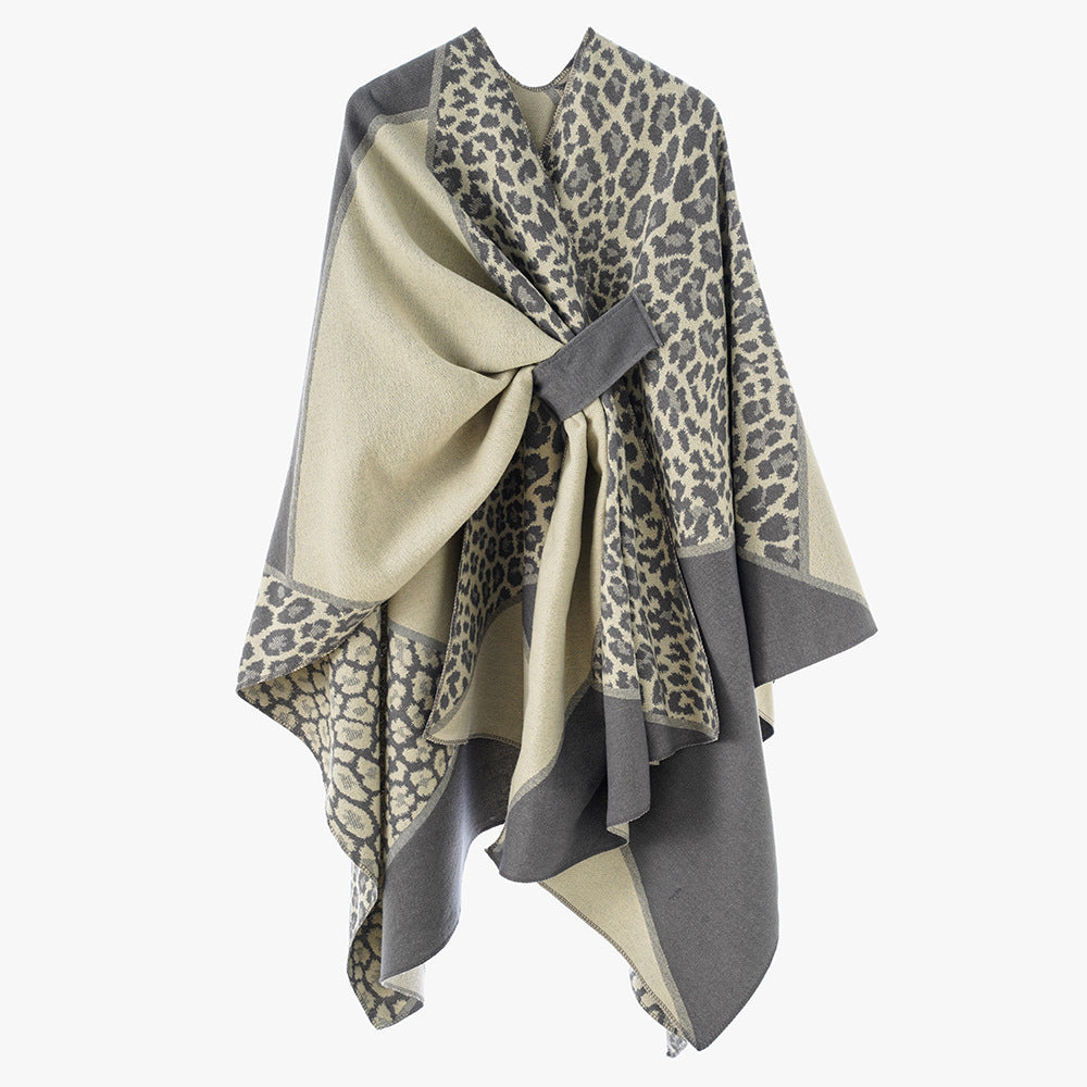 Damen Jacquard-Poncho mit Leopardenmuster und Wollmix-Überwurf EB