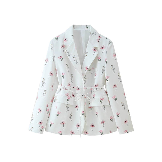 Damen stilvolle Blazerjacke mit floralem Design und tailliertem Gürtel EB