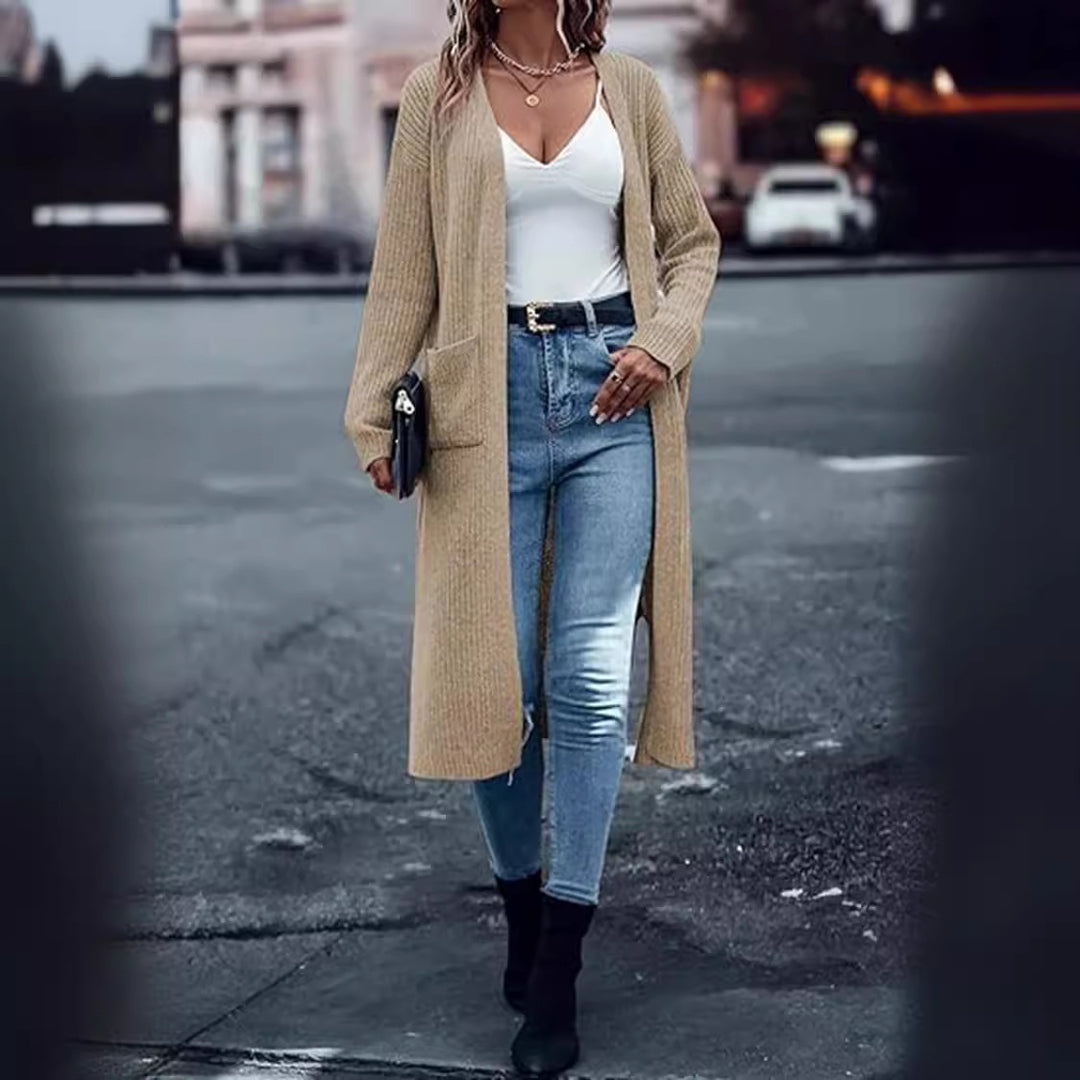 Damen Strickmantel mit langen Ärmeln und praktischen Taschen EB
