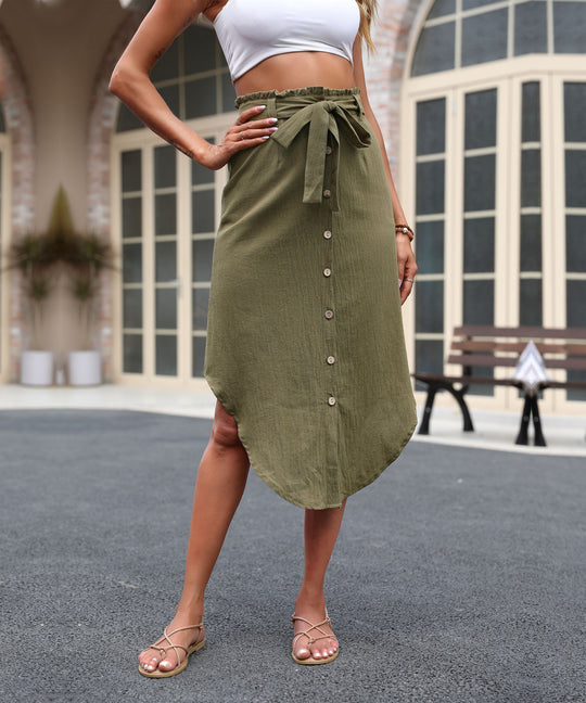 Damen Midi Rock mit dekorativem Bindegürtel und Knopfdetails EB